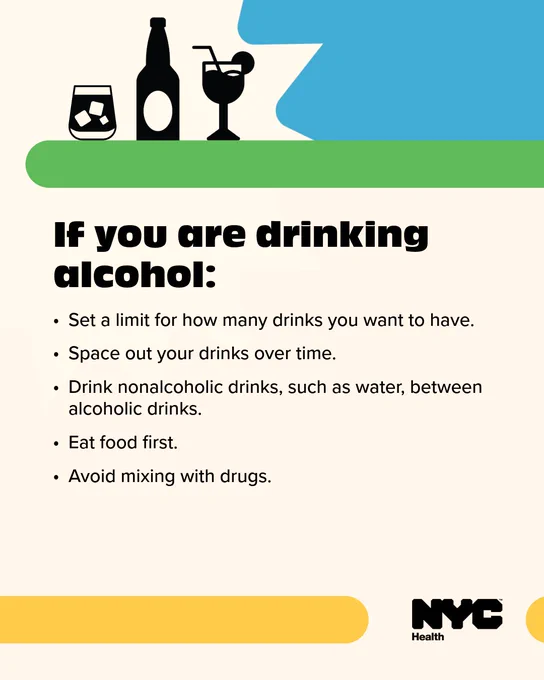 If you are drinking alcohol: • Set a limit for how many drinks you want to have. • Space out your drinks over time. • Drink nonalcoholic drinks, such as water, between alcoholic drinks. • Eat food first. • Avoid mixing with drugs. N Y C Health logo.
