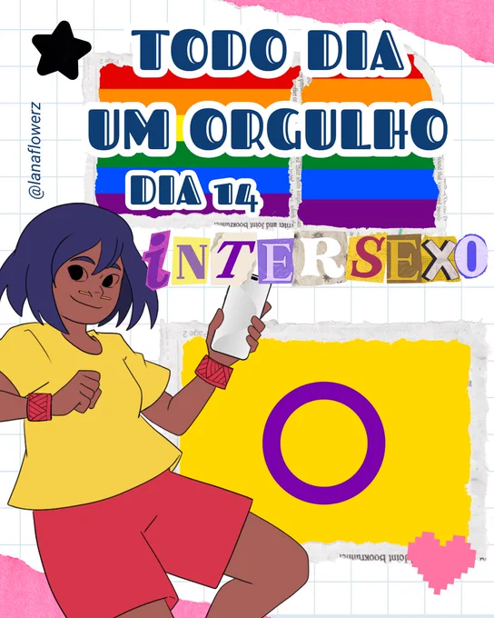 Arte digital comemorativa do Dia do Orgulho LGBT. Sobre um fundo quadriculado com elementos de colagem, aparece a bandeira arco-íris. Em destaque, o texto “TODO DIA UM ORGULHO”. No canto inferior esquerdo, uma personagem de pele morena e cabelo azul curto sorri enquanto segura um celular. Ela veste camiseta amarela, bermuda vermelha e pulseiras vermelhas com grafismos indígenas. A composição celebra a diversidade e o orgulho LGBTQ.