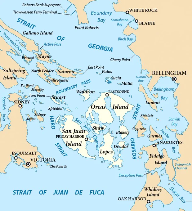 A map of the San Juan Islands and surrounding waters between Vancouver Island, British Columbia, and Washington State. It shows San Juan Island, Orcas Island, Lopez Island, Shaw, Blakely, Waldron, Stuart, Saturna, Mayne, Galiano, Salt Spring Island, Whidbey Island and nearby communities including Victoria, Sidney, White Rock, Blaine, Bellingham, Anacortes, Friday Harbor and Eastsound. Waterways marked include the Strait of Georgia, Boundary Pass, Haro Strait, Rosario Strait and the Strait of Juan de Fuca.
