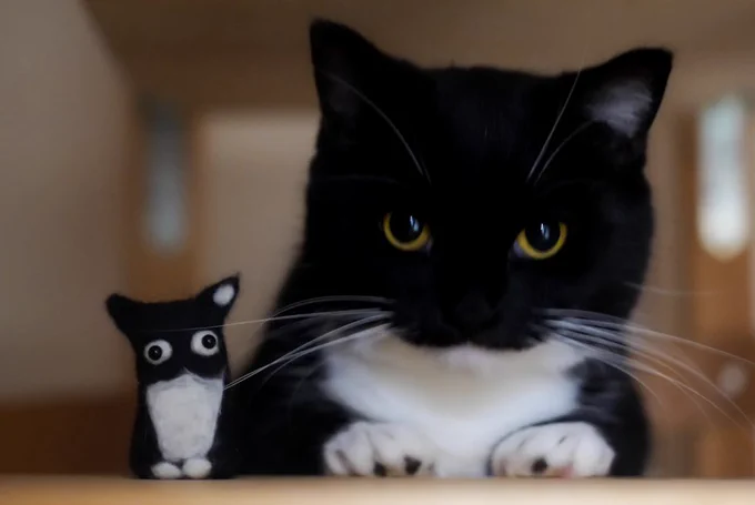 A black-and-white cat next to a miniature wool-felt version of himself