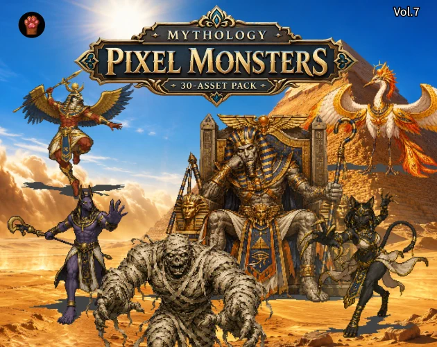 CP39 Egyptian mythology pixel monster asset pack thumbnail featuring Anubis, Horus, Bastet, Bennu, a mummy, and a pharaoh boss in front of pyramids for RPG and fantasy game development