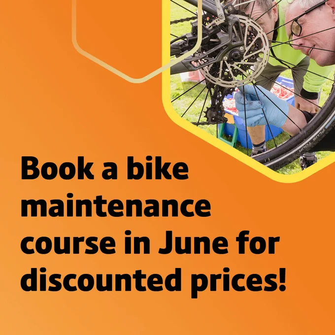 Close-up of a person repairing a bicycle gear with text promoting discounted bike maintenance courses in June.