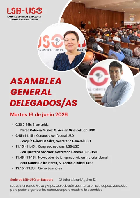 Vamoooos 🏃🏻‍♀️🏃🏻‍♂️👌🏻

📌 Martes #16junio en tu sede de LSB-#USO en #Basauri 👉🏻 Asamblea de delegados/as 

📚 Formación en nuevas sentencias ⚖️

👌🏻 Proyectos sindicales para mejorar empleo y #condicioneslaborales 

☺️🥳🤩🤩
#ConstruyendoFuturo
#LaFuerzaDeEstarJuntos 