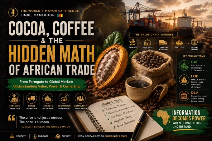 Cocoa and coffee are not just crops. They are economic maps. 🗺️☕🍫

When a farmer in Cameroon sells their crop, that product moves through many economic stages. Each stage adds cost, adds value, and shifts power.

The global market price and the "farmgate" price are often miles apart. But why? Because they represent entirely different locations in the value chain.

Understanding terms like FOB (Free On Board), CAF, and DLA isn't just for economists—it is a community power issue. When farmers, youth, and cooperatives understand the hidden math of African trade, confusion disappears and informed negotiation begins.

Media must become our economic infrastructure, translating technical reports into real financial literacy.

Ready to dive into the hidden math? Click the link to experience the podcast, watch the broadcast, and read the full article:
👉 https://www.joshuatberglan.com/cocoa-coffee-and-the-hidden-math-african-trade

#AfricanTrade #Agriculture #Cameroon #FinancialLiteracy #Valu