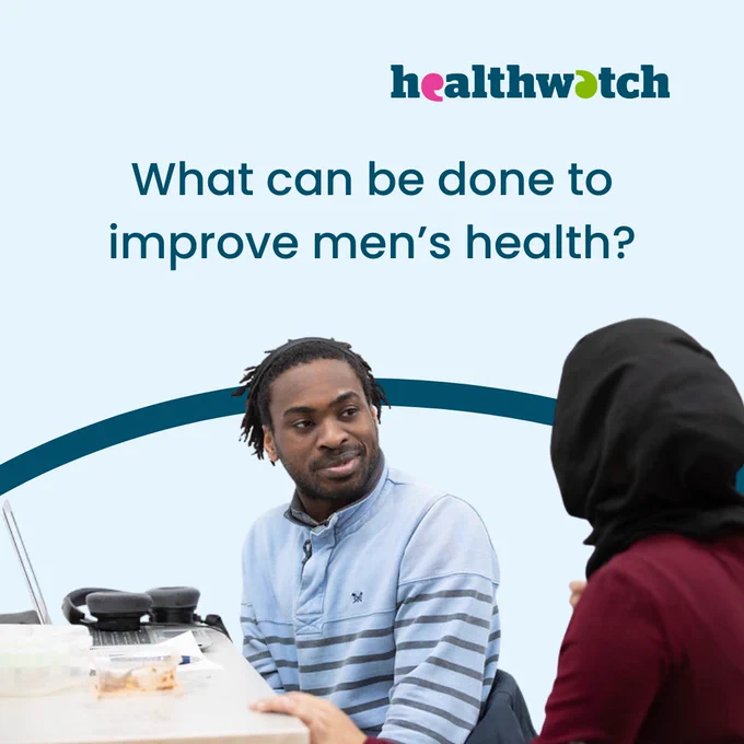 A light blue infographic. Dark blue curved ribbon left to right across the middle. 
A young man sits at a desk looking in the direction of the camera. He is speaking to a female, looking away from the camera.
Dark blue Healthwatch logo in top right.
Text says What can be done to improve men's health?

