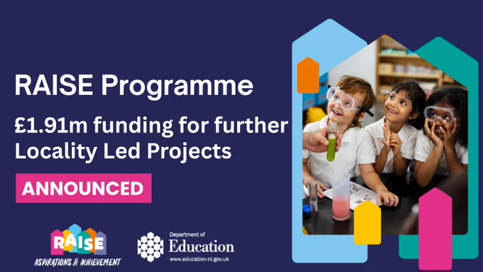 Illustrated graphic saying - RAISE Programme, £1.91m funding for further Locality Led Projects, Announced.