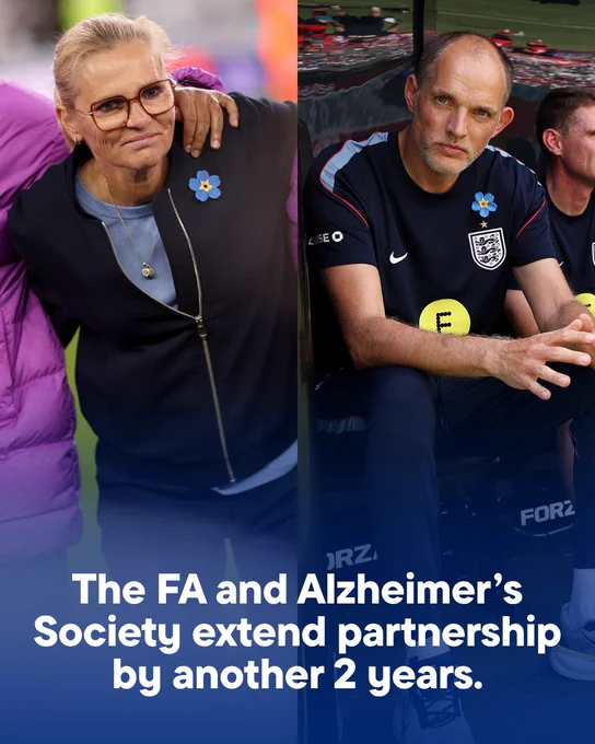 Two football managers, Thomas Tuchel and Sarina Wiegman, both wearing blue forget-me-not badges. Text: 'The FA and Alzheimer's Society extend partnership by another 2 years.'