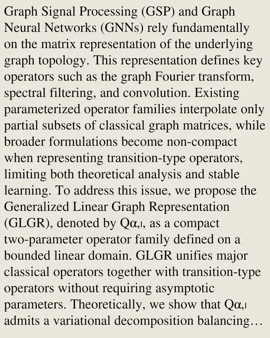 Graph Signal Processing (GSP) and Graph Neural Networks (GNNs) rely fundamentally on the matrix representation of the underlying graph topology. This representation defines key operators such as the graph Fourier transform, spectral filtering, and convolution. Existing parameterized operator families interpolate only partial subsets of classical graph matrices, while broader formulations become non-compact when representing transition-type operators, limiting both theoretical analysis and stable learning. To address this issue, we propose the Generalized Linear Graph Representation (GLGR), denoted by Qα,ₗ, as a compact two-parameter operator family defined on a bounded linear domain. GLGR unifies major classical operators together with transition-type operators without requiring asymptotic parameters. Theoretically, we show that Qα,ₗ admits a variational decomposition balancing local smoothness and global degree-weighted energy, derive spectral perturbation bounds, and establish graph-
