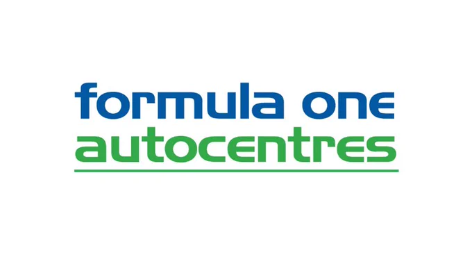 Formula One Autocentres logo with blue and green text on a white background.