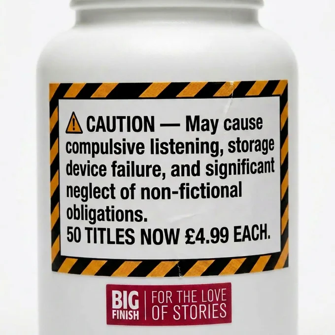 The image shows a warning label on a product, cautioning that it may cause compulsive listening, storage device failure, and significant neglect of non-fictional obligations.