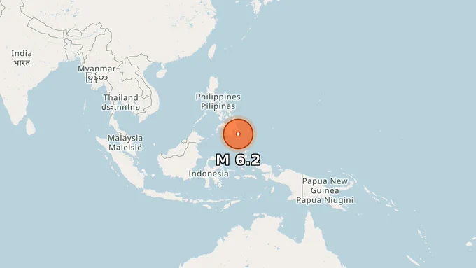 Map showing epicenter of M 6.2 earthquake in 67 km ESE of Pondaguitan, Philippines, depth 112 km.
