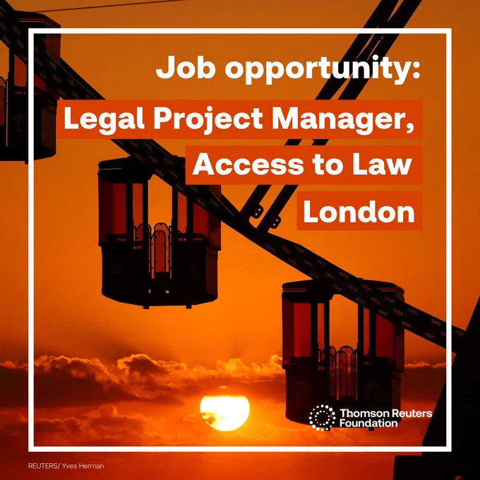 A sunset photo showing three cable cars with the accompanying text 'Job opportunity: Legal Project Manager, Access to Law, London'. Photo credit: REUTERS/Yves Herman