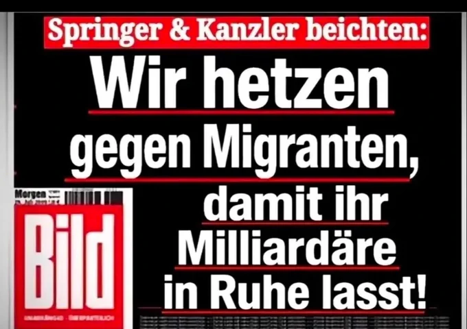 Bildtext:
Springerpresse und Kanzler beichten:
Wir hetzen gegen Migranten, damit ihr die Millidäre in Ruhe lasst. 