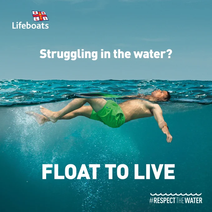 image of a person floating to live in the water. Text reads "Struggling in the water? 
FLOAT TO LIVE"