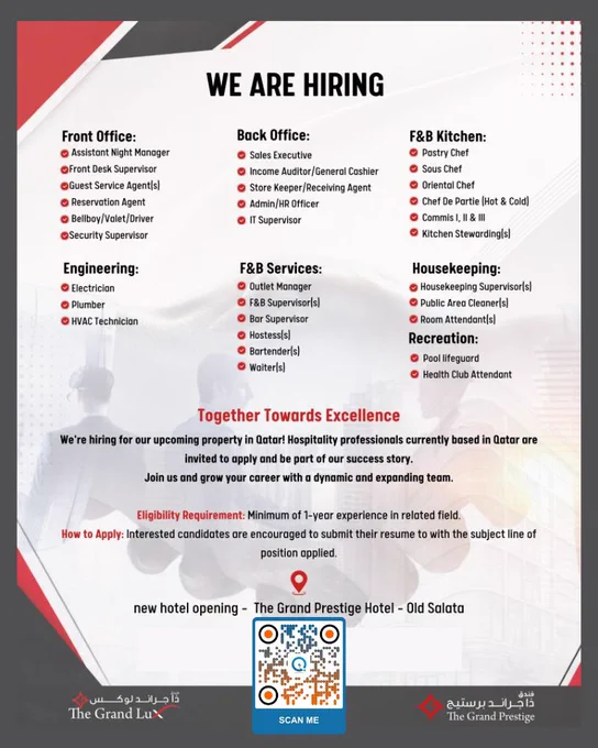 Career Opportunities and Hiring Updates at The Grand Lux Hotel Doha

Read More & Apply: https://www.inituban.com/2023/02/the-grand-lux-hotel-doha-seeking.html

Career seekers value The Grand Lux Hotel Doha for openings that encourage learning, stability and advancement across multiple departments

#GrandLuxHotel #DohaJobs #HiringNow #ChefVacancies #SupervisorJobs #AttendantPositions #TechnicalSpecialists #CareerOpportunities #JobUpdates #JoinOurTeam