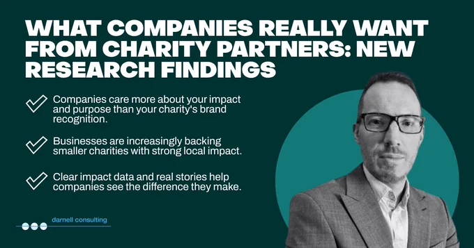The image features a person in a suit, positioned beside text titled "What Companies Really Want from Charity Partners: New Research Findings." The points highlight that companies prioritize impact and purpose over brand recognition, support smaller charities with local impact, and value clear impact data and real stories. The bottom-left corner shows the logo for Darnell Consulting.