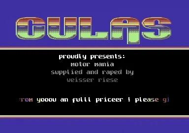 Screenshot of "Motor Mania" - Crack: Gulas - Published by United Microware Industries Inc. on Commodore 64 (1982)
