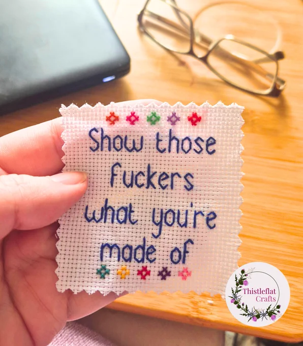 Mini cross stitch in dark blue thread saying 'Show those fuckers what you're made of' with a border of tint colourful flowers