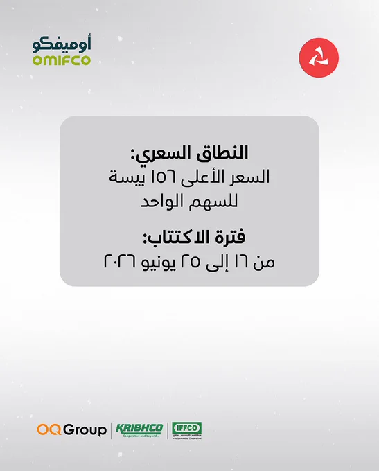 الإطار الثاني:
النطاق السعري:
بالسعر الأعلى ١٥٦ بيسة للسهم الواحد

 

 

فترة الاكتتاب: ١٦ يونيو ٢٠٢٦ إلى ٢٥ يونيو ٢٠٢٦