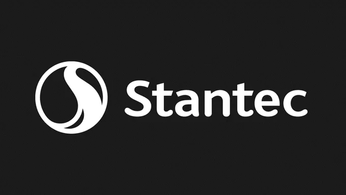 White Stantec logo with a stylized circular emblem on a textured black background.