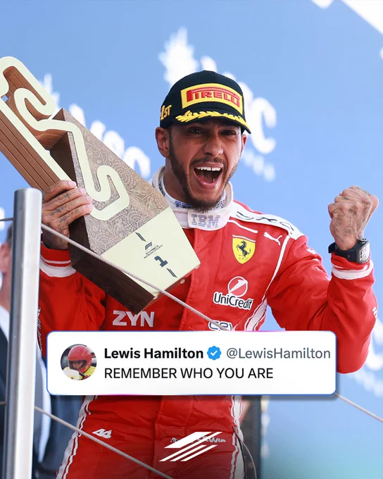 Lewis Hamilton with his Barcelona GP winners trophy. Quote on screen reads "Remember who you are"