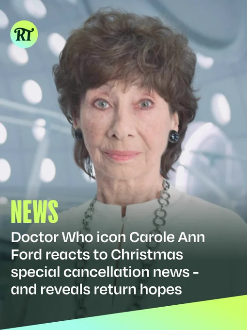 An image of Carole Ann Ford in Doctor Who. She wears a white dress and large silver necklace and stares into the camera. A Radio Times headline below reads: "Doctor Who icon Carole Ann Ford reacts to Christmas special cancellation news - and reveals return hopes"