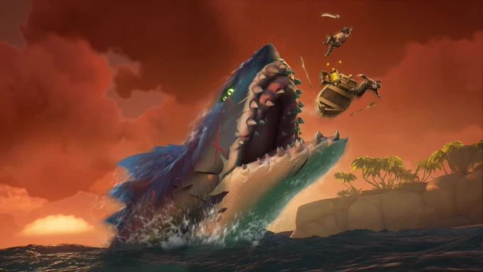 A huge Megalodon launches out of the water, mouth open and ready to swallow the rowboat and pirates it has sent flying. 
