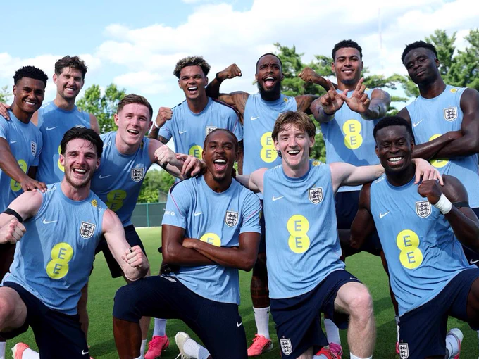 England's winning team in training pose together for a photo 