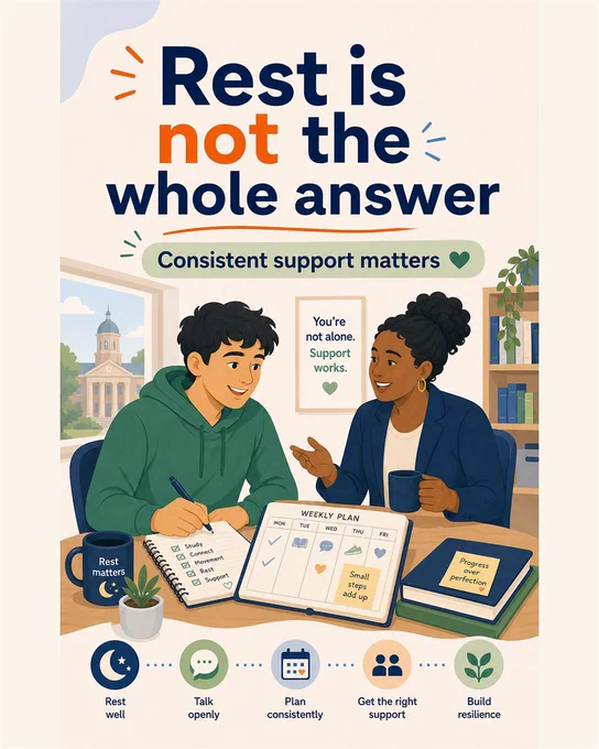 UMO 4:5 flat illustration poster with the headline "Rest is not the whole answer" and supporting line "Consistent support matters". A student and mentor use a gentle weekly planner beside sleep and stress icons in a welcoming university support room.
