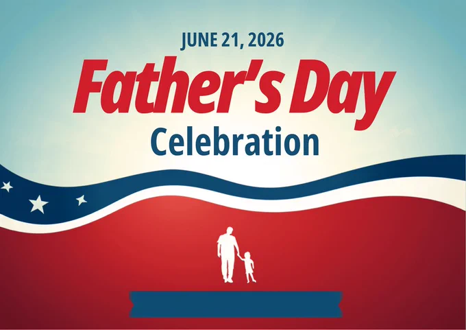 6/21/26 Father's day. Red, white and blue.  Man figure holding a childs hand
