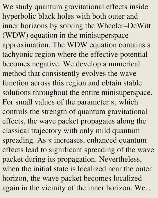 We study quantum gravitational effects inside hyperbolic black holes with both outer and inner horizons by solving the Wheeler–DeWitt (WDW) equation in the minisuperspace approximation. The WDW equation contains a tachyonic region where the effective potential becomes negative. We develop a numerical method that consistently evolves the wave function across this region and obtain stable solutions throughout the entire minisuperspace. For small values of the parameter κ, which controls the strength of quantum gravitational effects, the wave packet propagates along the classical trajectory with only mild quantum spreading. As κ increases, enhanced quantum effects lead to significant spreading of the wave packet during its propagation. Nevertheless, when the initial state is localized near the outer horizon, the wave packet becomes localized again in the vicinity of the inner horizon. We refer to this recovery of localization as a refocusing phenomenon. This result suggests that, if the g