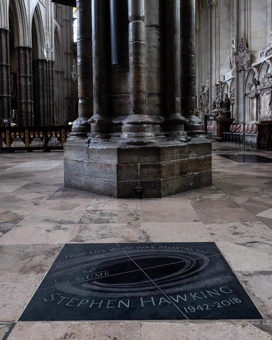 The grey slate gravestone of Professor Stephen Hawking in Westminster Abbey