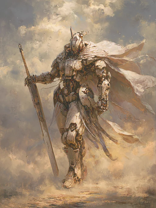 A towering mech warrior stands amid swirling dust.