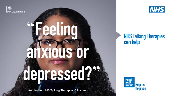 Image featuring a clinician named Antoinette for NHS Talking Therapies, with the text 'Feeling anxious or depressed?' and logos for HM Government and NHS.
