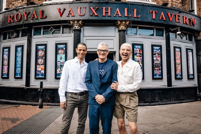 Paul O'Grady's husband Andre Portasio, writer Jonathan Harvey and performer Danny Beard outside the Royal Vauxhall Tavern