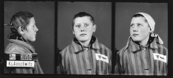 A mugshot registration photograph from Auschwitz. A woman wearing a striped uniform photographed in three positions (profile and front with a bare head and a photo with a slightly turned head with a headscarf on). The prisoner number is visible on a marking board on the left.