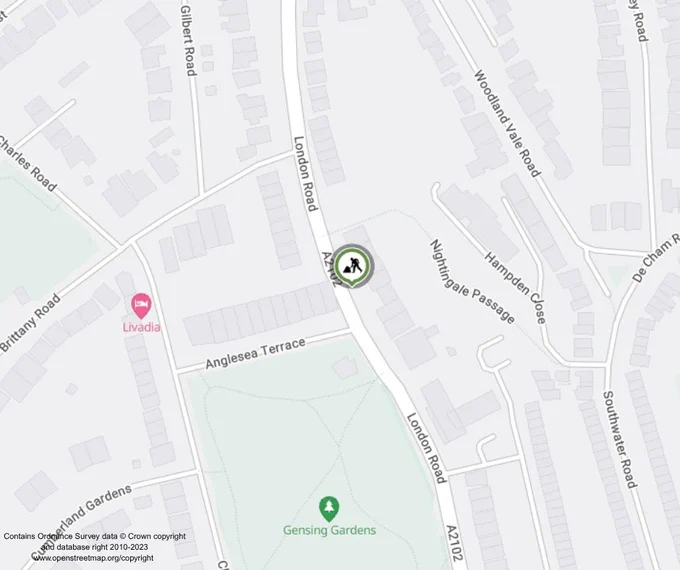 A map showing a section of a neighborhood layout. Notable roads mentioned are London Road, Anglesea Terrace, and Nightingale Passage. The map includes locations such as Livadia and Gensing Gardens. Houses and gardens are depicted throughout the area.