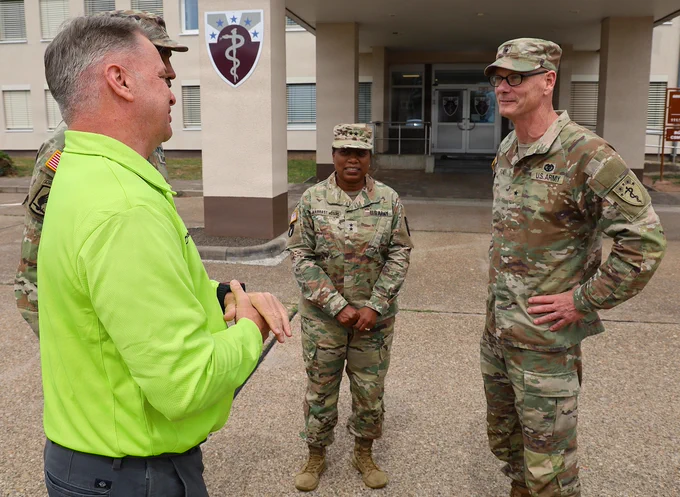 U.S. Army Brig. Gen. Tracy Michael, commanding general of the 68th Theater Medical Command, Brig. Gen. Lance Raney (Incoming Commanding General, 68th TMC and Command Surgeon, U.S. Army Europe and Africa) and Command Sgt. Maj. Kyle Brunell, met with Maj. Gen. Jennifer Marrast Host, commander of the 3rd Theater Medical Command (Deployment Support), and Command Sgt. Maj. Todd Kaim during a visit to the 68th Theater Medical Command, in Sembach, Germany. (U.S. Army photos by Sgt. 1st Class Eric Johnson)