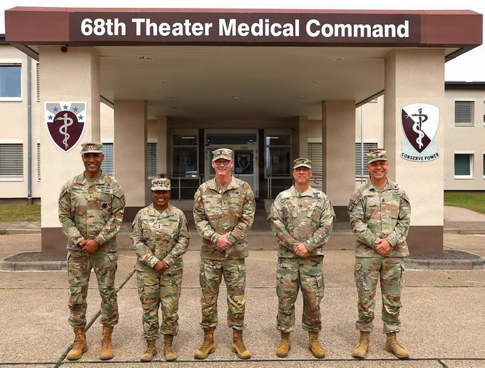 U.S. Army Brig. Gen. Tracy Michael, commanding general of the 68th Theater Medical Command, Brig. Gen. Lance Raney (Incoming Commanding General, 68th TMC and Command Surgeon, U.S. Army Europe and Africa) and Command Sgt. Maj. Kyle Brunell, met with Maj. Gen. Jennifer Marrast Host, commander of the 3rd Theater Medical Command (Deployment Support), and Command Sgt. Maj. Todd Kaim during a visit to the 68th Theater Medical Command, in Sembach, Germany. (U.S. Army photos by Sgt. 1st Class Eric Johnson)