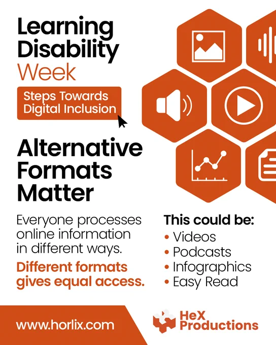 Learning Disability Week Steps Towards Digital Inclusion. Alternative Formats Matter. Everyone processes online information in different ways. This could be Videos, Podcasts, Infographics, or Easy Read. Different formats gives equal access.
