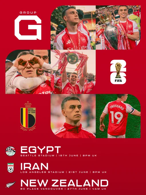 Graphic with images of Leandro Trossard for Belgium's Group G World Cup matches with the following text:
versus Egypt at Seattle Stadium on 15th of June at 8pm UK
versus Iran at Los Angeles Stadium on 21st of June at 8pm UK
versus New Zealand at BC Place Vancouver on 27th of June at 4am UK