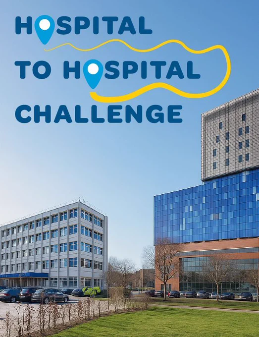 Hospital to Hospital Challenge written over an image of Birmingham Children's Hospital and Royal London Hospital next to each other. 