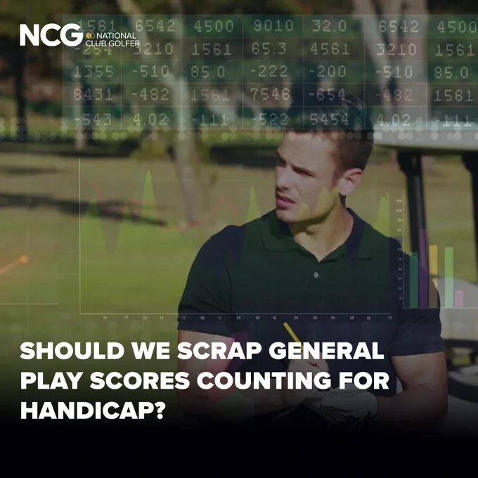 A man in a polo shirt on a golf course, with data graphs overlaid. Text questions the relevance of general play scores for handicaps.