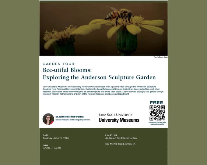 A flyer for a Pollinator Garden Tour on Tuesday, June 16th from 12pm – 1pm. Additional details can be found on the IMCC events website linked in post.
