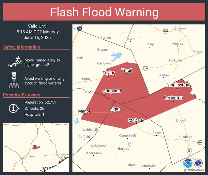 This graphic displays a flash flood warning plotted on a map. The warning is in effect until 8:15 AM CDT. The warning includes Taylor TX, Elgin TX and Manor TX.  This warning is for North Central Bastrop County in south central Texas, Northwestern Lee County in south central Texas, East Central Travis County in south central Texas and Southeastern Williamson County in south central Texas. Avoid walking or driving through flood waters! Move immediately to higher ground! There are 62,751 people in the warning along with 26 schools and 1 hospital.