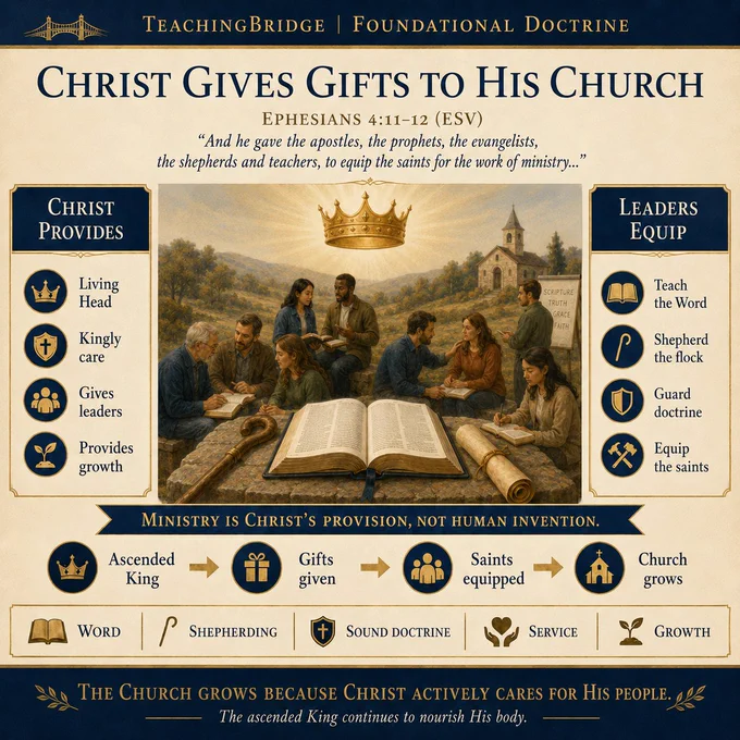 TeachingBridge infographic titled “Christ Gives Gifts to His Church,” under “Foundational Doctrine,” with Ephesians 4:11–12 and the quote, “And he gave the apostles, the prophets, the evangelists, the shepherds and teachers, to equip the saints for the work of ministry...” The design uses parchment tones with navy blue and gold accents. At the center, believers gather around an open Bible, scroll, and shepherd’s staff beneath a crown, symbolizing Christ’s kingly care and provision for His Church, with a church building in the background. A left panel, “Christ Provides,” lists living Head, kingly care, gives leaders, and provides growth. A right panel, “Leaders Equip,” lists teach the Word, shepherd the flock, guard doctrine, and equip the saints. The footer says the Church grows because Christ actively cares for His people.