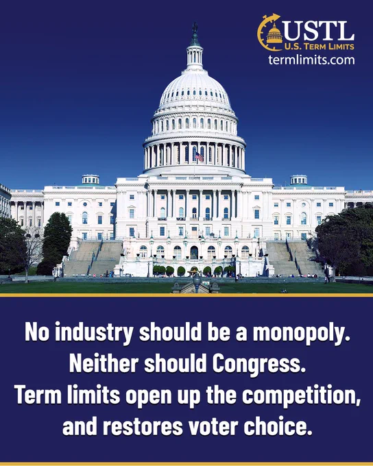The image features the United States Capitol building with a clear blue sky. The text reads: "No industry should be a monopoly. Neither should Congress. Term limits open up the competition, and restores voter choice." The top right includes the USTL (U.S. Term Limits) logo and website URL, "termlimits.com.
