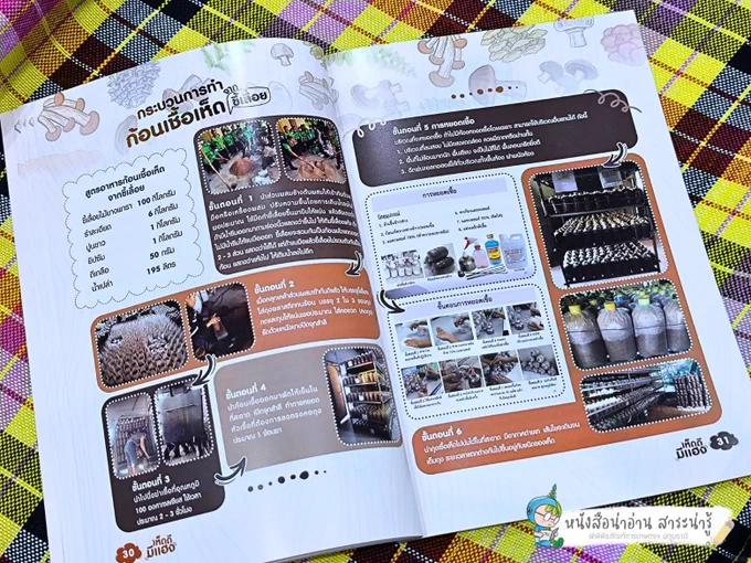 ทำก้อนเชื้อเห็ด ขี้เลื่อยไม้ยางพารา รำละเอียด ปูนขาว ยิปซัม น้ำสะอาด คลุกเคล้าบรรจุถุงอัดแน่น ใส่คอขวดจุกสำลี นึ่งฆ่าเชื้อประมาณ 100 องศาซี 2–3 ชม. เย็นแล้วเขี่ยเชื้อเห็ดลงถุง บ่มอากาศถ่ายเท ไม่ชื้น/ร้อนเกินไป เส้นใยเต็มถุงนำไปเปิดดอกได้ ดู https://elibrary.wisdomking.or.th/ebook/all โทร.0815672806