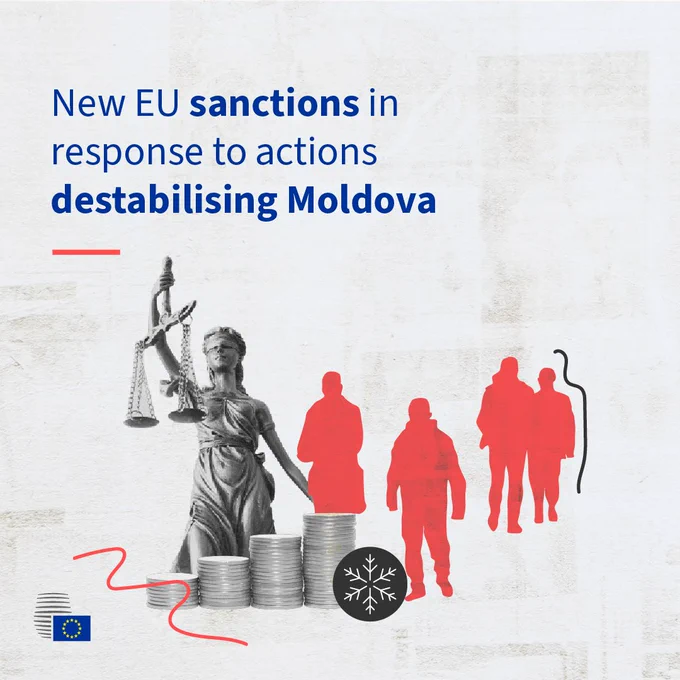 Collage featuring Lady Justice, three piles of coins with the frozen symbol and some red silhouettes of people. The text on the visual reads 'New EU sanctions in response to actions destabilising Moldova'.