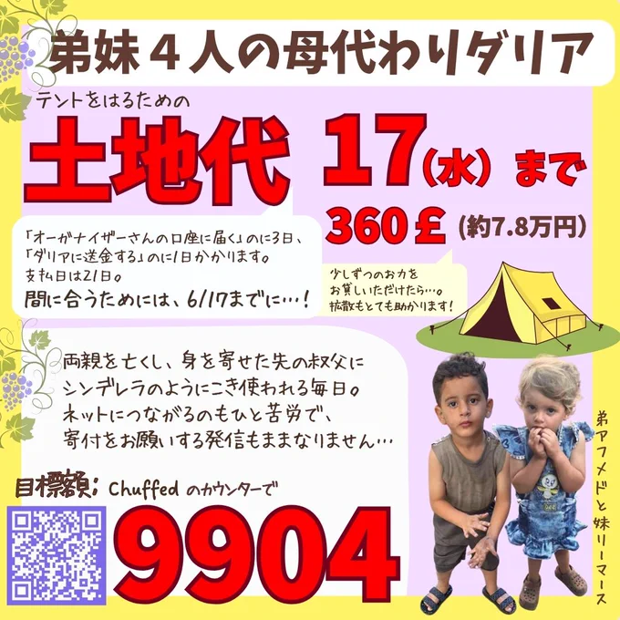 ダリアへの寄付をお願いするバナー

弟妹４人の母代わりダリア
テントをはるための土地代　17（水）まで　360￡（約7.8万円）
「オーガナイザーさんの口座に届く」のに３日、「ダリアに送金する」のに１日かかります。
支払日は２１日。
間に合うためには、6/17までに…！

両親を亡くし、身を寄せた先の叔父にシンデレラのようにこき使われる毎日。
ネットにつながるのもひと苦労で、寄付をお願いする発信もままなりません…
少しずつのお力をお貸しいただけたら…。
拡散もとても助かります！

目標額：Chuffedのカウンターで9,904

寄付サイトのQRコード、弟アフメドと妹リーマースの切り抜き写真、テントとぶどうのつるのイラスト
